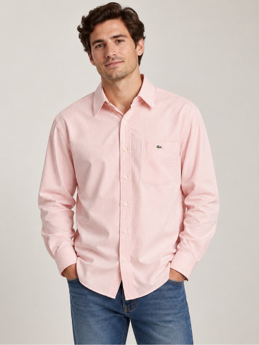 Lacoste Men’s Pink & White Striped Long Sleeve Button-Down Shirt Size 44